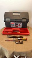 Toolbox with tray and hand tools displayed