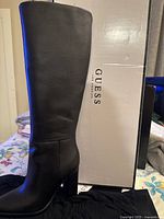 Boot standing beside Guess box showing leather texture and height