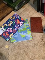 Three binders/stockbooks—floral, camouflage and maroon—on carpet