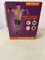 Front of sealed purple box labeled "Resistance Band Set"