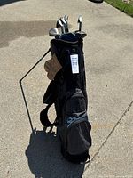 Full view of Ogio golf bag with stand extended and clubs inserted