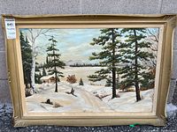 Full view of framed winter landscape painting