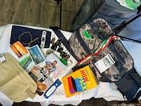 Overview of train case, books, money belt, pouch, locks and accessories