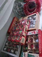 Group shot showing wreaths and ornament boxes