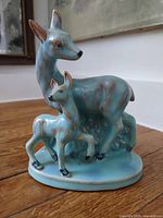 front view of turquoise pottery deer planter