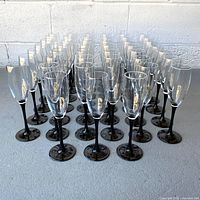 Group of all 45 Arcoroc black-stem champagne flutes arranged in rows