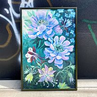 Full view of framed floral painting showing entire artwork and frame