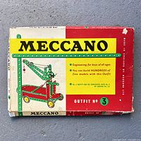 Closed Meccano Outfit No. 3 box top showing graphics and wear