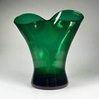 Front view of emerald Blenko vase showing flared rim and color