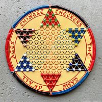 Full view of round tin Chinese Checkers board with marbles in starting positions
