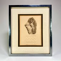Full view of framed etching showing chrome frame, mat, artwork