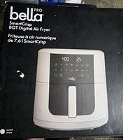 Retail box front showing Bella Pro SmartCrisp 8QT Digital Air Fryer image and branding