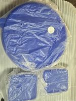 Large blue round container with lid and two smaller blue-lidded containers in plastic