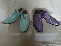 Both pairs of shoes side by side on bins, showing colours and style