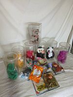 Overview of all Beanie Babies in cases and sealed Teenie Beanies on table