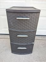 Front view of dark brown 3-drawer Sterilite cabinet with woven texture and silver handles