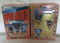 Front of Wheaties Super Bowl 30th Anniversary cereal box with quarterbacks
