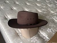 Side profile of brown Akubra hat on stand showing brim and band