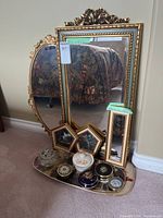 Overall lot: mirrors, small pictures, tray with trinket boxes