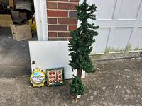 Tall and small Vienna Wood artificial Christmas trees, boxed mini ornaments set, handblown clock ornament grouped together