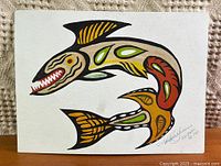 Full view of painting showing stylized fish artwork