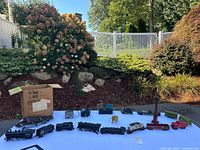 Overview of locomotives, rolling stock, signal, horse figure lined on cloth