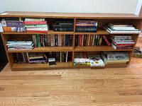 Wide view of three-shelf bookcase filled with assorted books