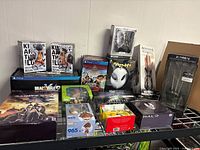 Overall view of mixed collector boxes on shelf