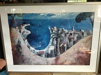 Frontal view of framed, matted artwork under glass