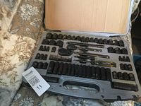 Open Stanley socket set showing sockets, ratchets, extensions and case