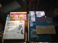 Stack of vinyl records showing several album covers