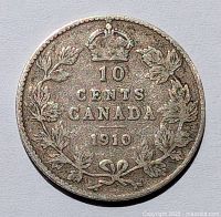 Reverse of 1910 Canadian 10 cent coin