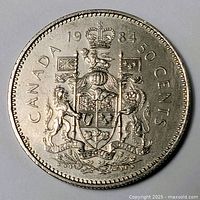 Reverse showing Canadian Coat of Arms, date and denomination