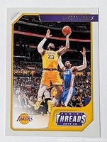 Front of Panini Threads 2019-20 LeBron James card showing action image and Lakers logo