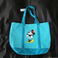 Front view showing Minnie Mouse graphic and attached tag