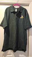 Full front view of green Walt Disney World Fantasyland polo shirt on hanger