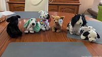 All six plush dogs lined up on table