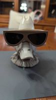 Front view of concrete garden goose wearing sunglasses