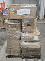 Front view of shrink-wrapped pallet showing stacked cartons marked Skid 004