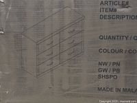 Box front with line drawing of six-drawer dresser