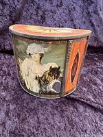 Front view showing lithographed lady on horseback and overall half-round form