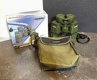 Binoculars, case, box grouped together