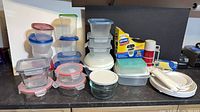 Full lot view of storage containers, Dixie cups, plates and chopsticks
