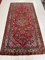 Full view of the Hamadan rug showing pattern and overall condition