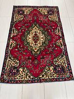 Full view of the Persian Tabriz rug showing overall design and dimensions