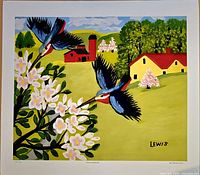 Full view of Maud Lewis Hummingbirds lithograph showing entire artwork with white border
