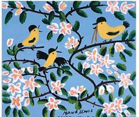 Close-up of lithograph art showing three yellow birds on flowering branches