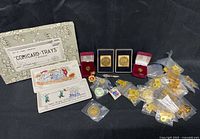 Group shot of entire lot showing tape measures, trays, coin and pins