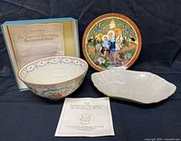 All three Lenox pieces: presidency bowl, Heidi Keller plate, Fruits of Life dish with box and certificate visible