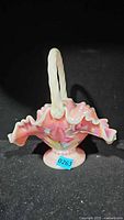 Front view of Fenton pink iridescent basket showing ruffled rim and floral painting